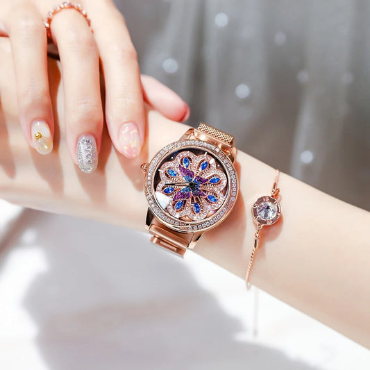 Luxury Women Watches Magnetic Stainless Steel Female Clock Quartz Rotating Wristwatch Fashion Ladies Wrist Watch reloj mujer-0