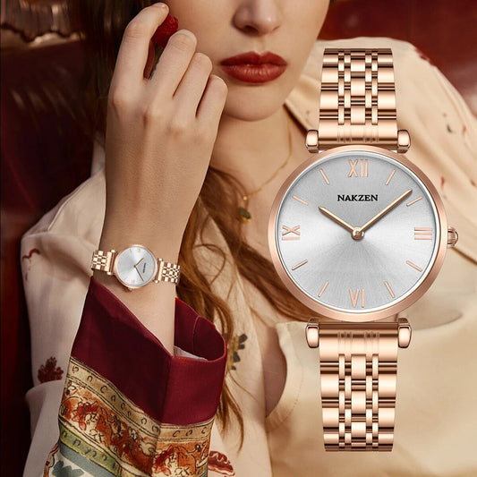 2021 New NAKZEN Luxury Crystal Watch Women Waterproof Rose Gold Steel Strap Ladies Wrist Watches Top Brand Bracelet Clock Relogi-0